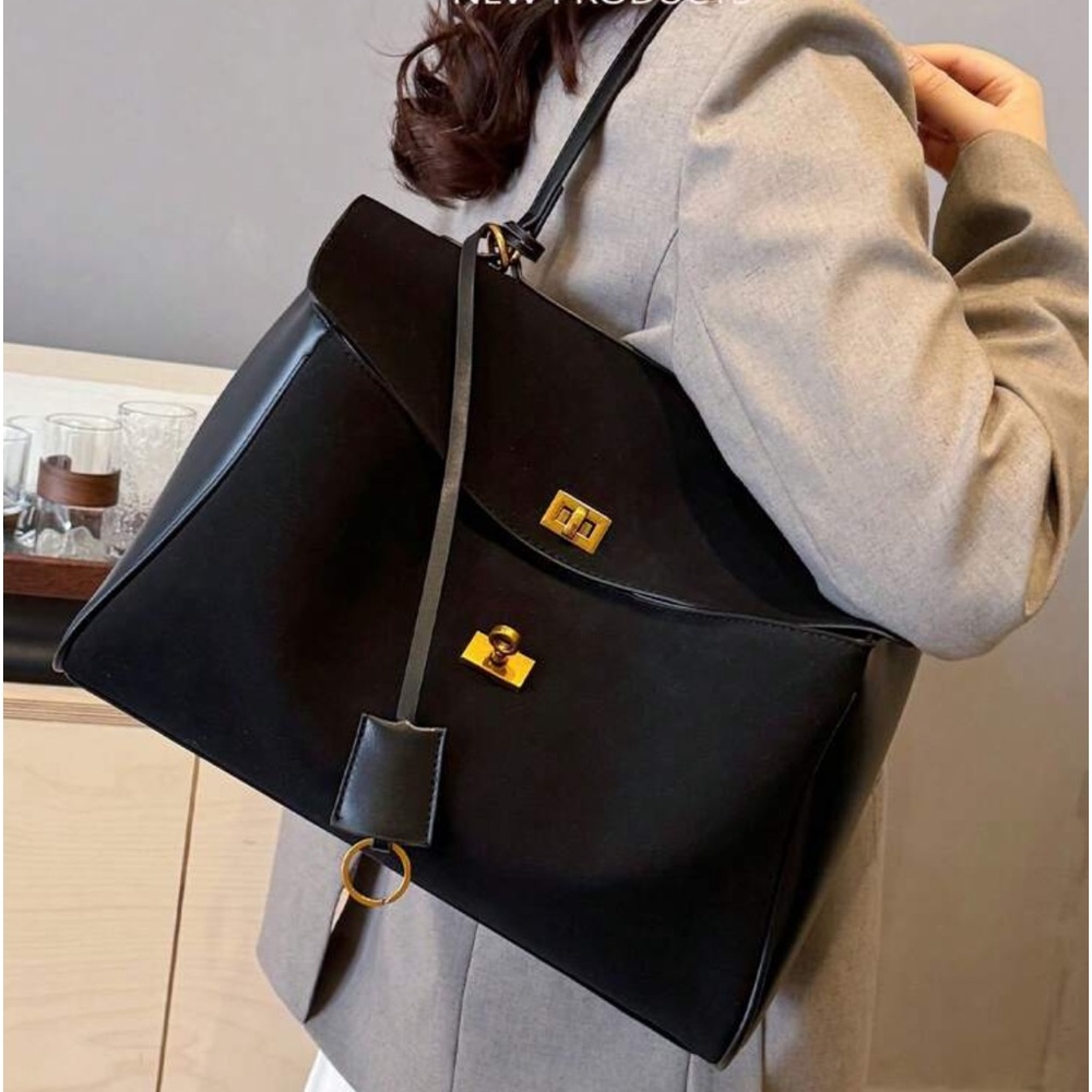 Black faux suede & faux leather contrast tote shoulder bag / handbag purse - Picture 7 of 9
